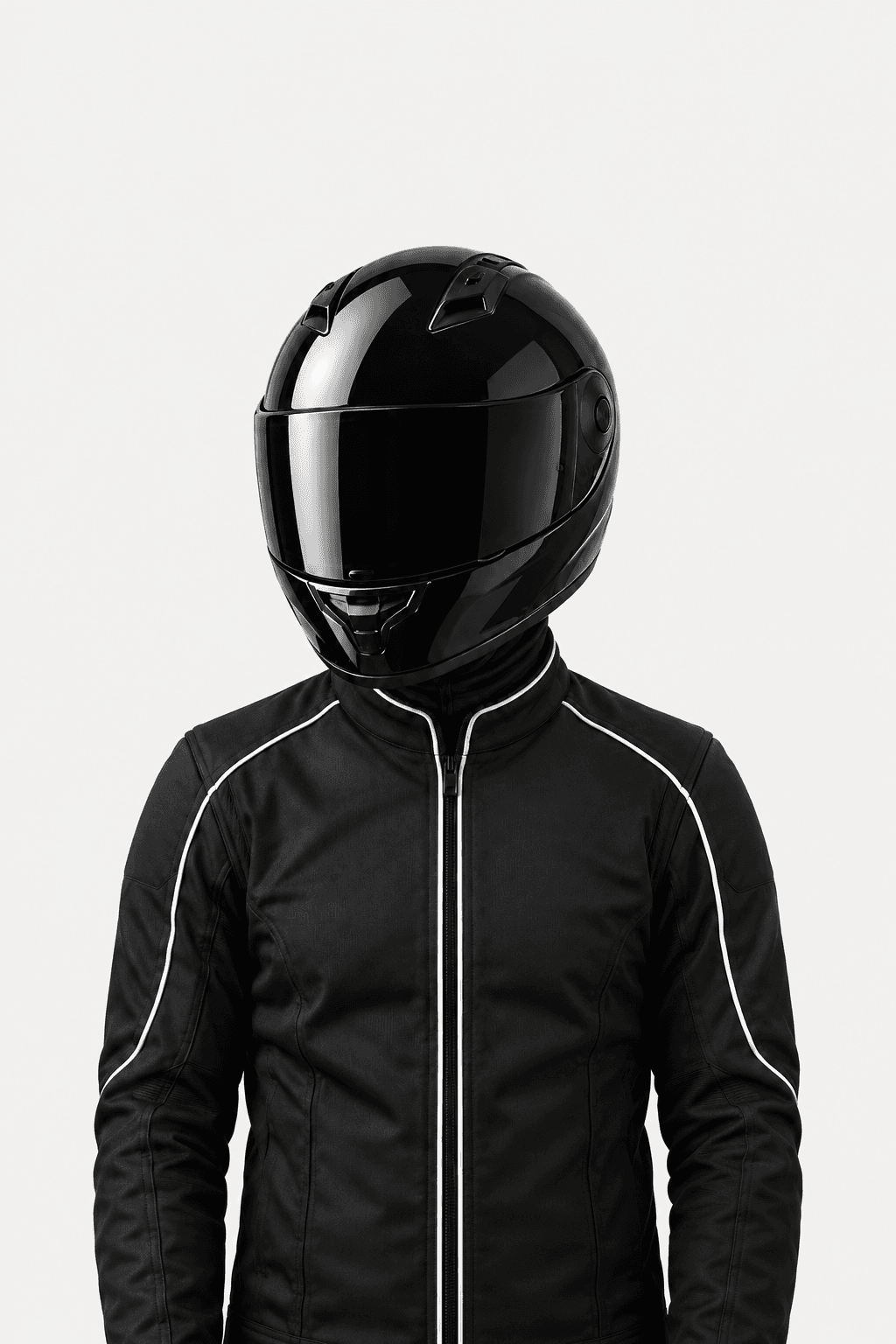 Rider in a gloss black full-face motorcycle helmet and black riding jacket, facing forward