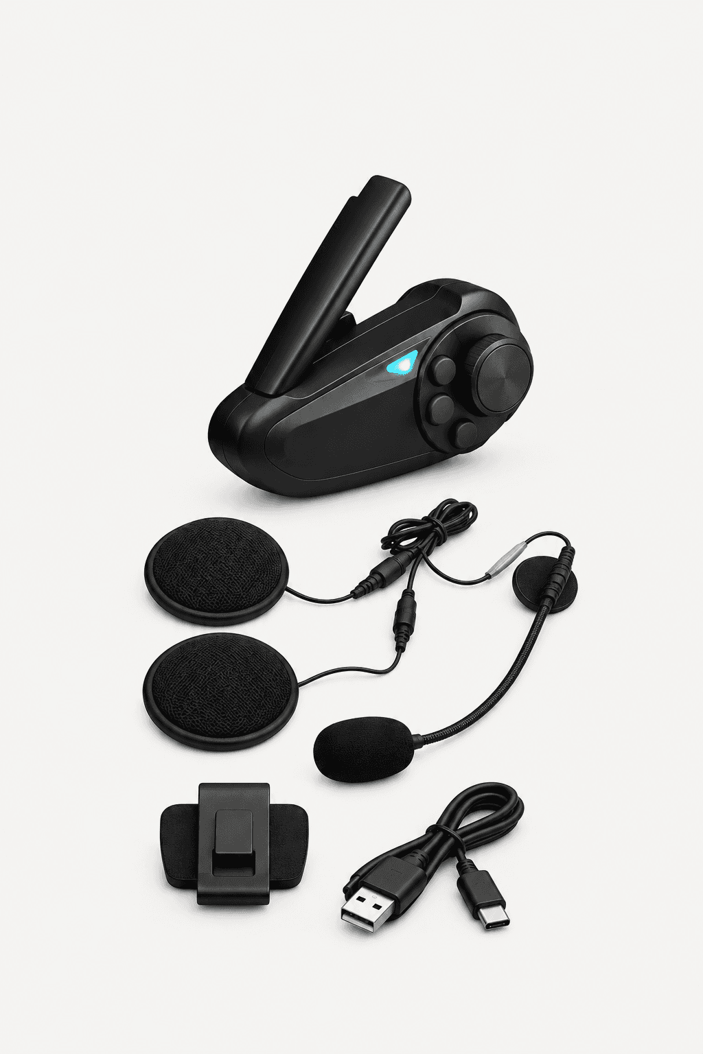 Black motorcycle Bluetooth intercom unit with helmet speakers, boom microphone, mounting clip and USB-C cable