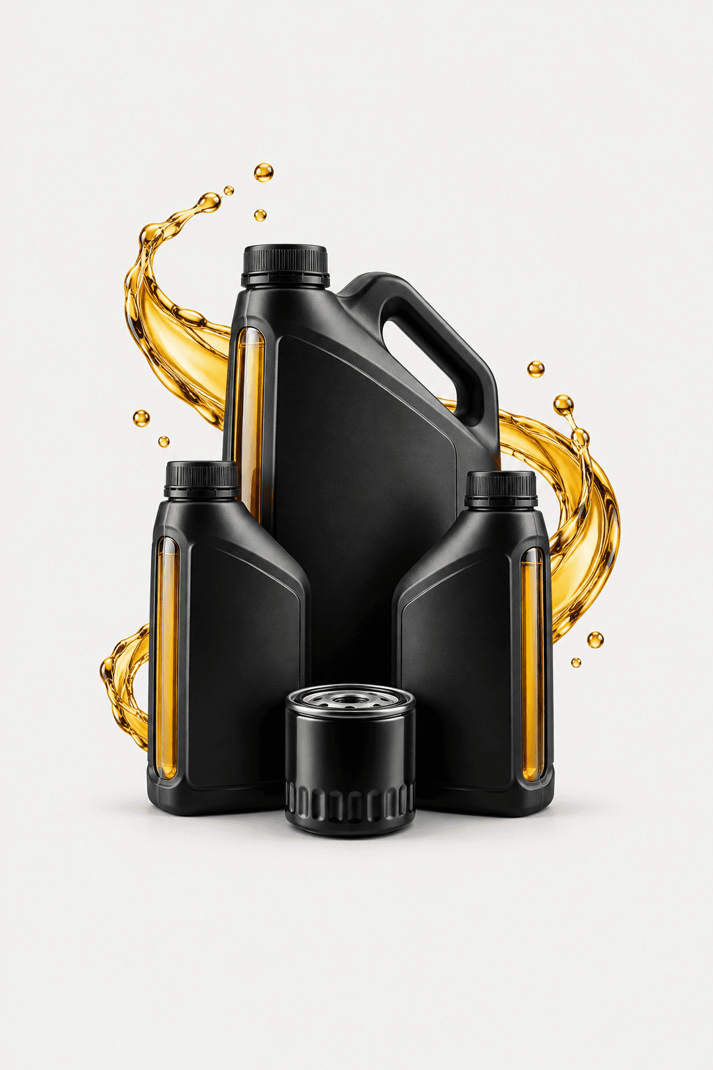 Motorcycle engine oil bottles and an oil filter with a golden oil splash