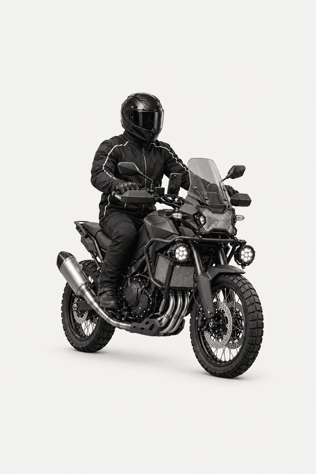Rider in full black gear on an adventure motorcycle fitted with an aftermarket exhaust, auxiliary lights and radiator guard