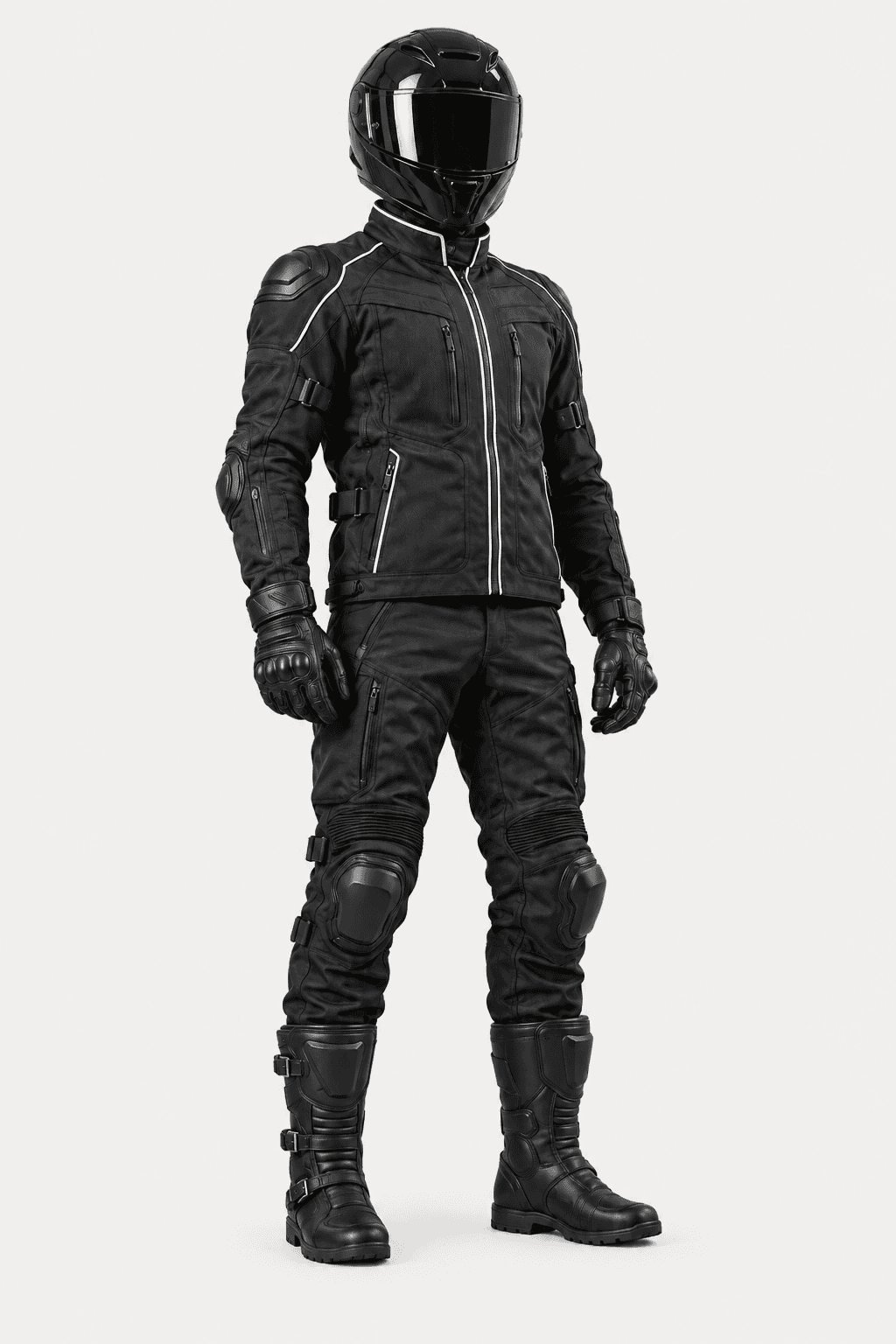 Rider in full black riding gear: helmet, armoured jacket, gloves, riding pants and touring boots